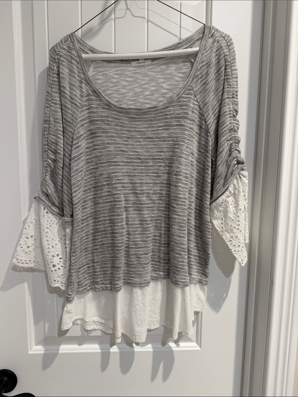 Maurices Gray Striped Layered Sleeve Tunic with White Eyelet Accents